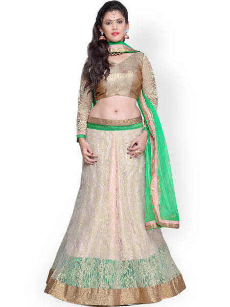 Janasya Cream-Coloured & Green Supernet Semi-Stitched Lehenga Choli