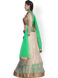 Janasya Cream-Coloured & Green Supernet Semi-Stitched Lehenga Choli