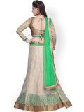 Janasya Cream-Coloured & Green Supernet Semi-Stitched Lehenga Choli