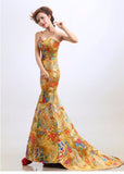 Long Embroidery Gold Mermaid Longue Dress Party Evening Gowns